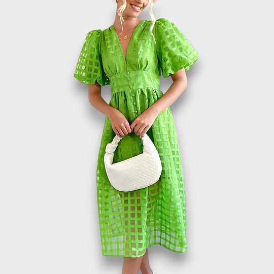 Lianora – Feminine Midi Dress with Structural Pattern