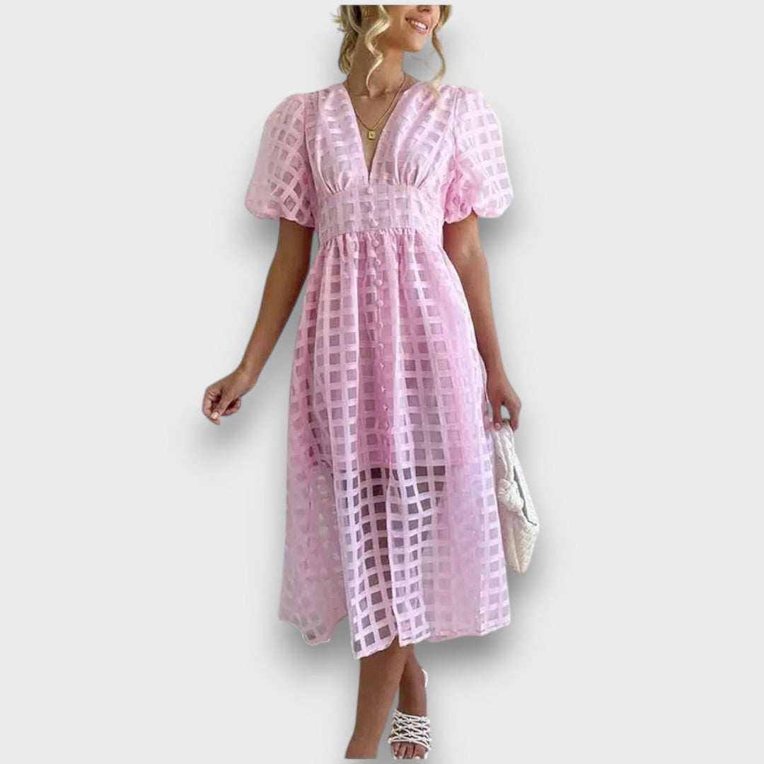 Lianora – Feminine Midi Dress with Structural Pattern