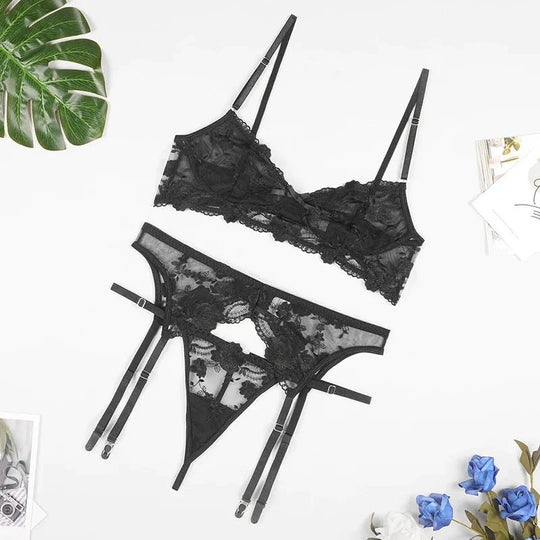 Élodie – 3-Piece Sheer Lace Lingerie Set