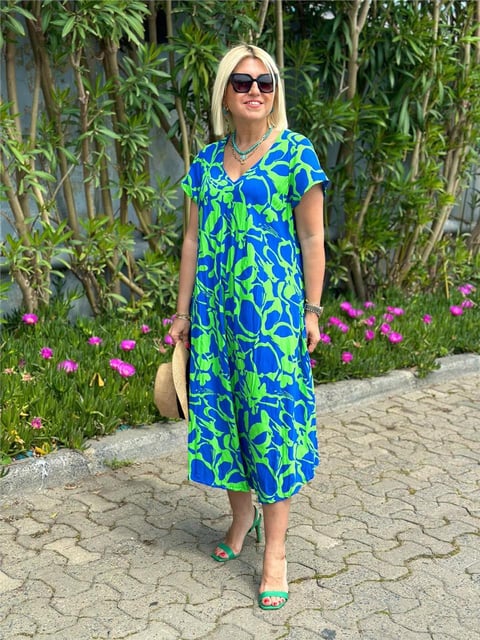 Maliha – Tropical Breeze V-Neck Midi Dress for Women