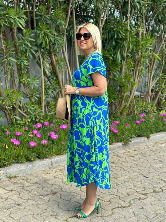 Maliha – Tropical Breeze V-Neck Midi Dress for Women