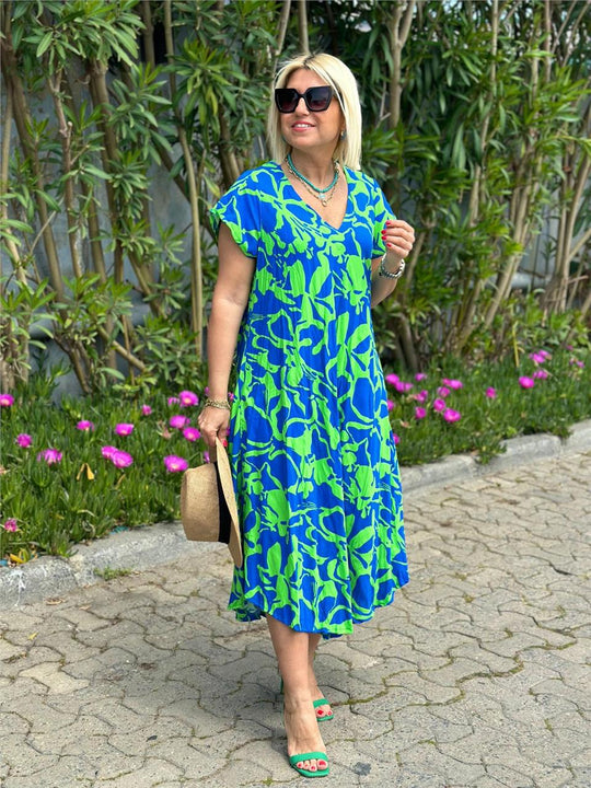 Maliha – Tropical Breeze V-Neck Midi Dress for Women