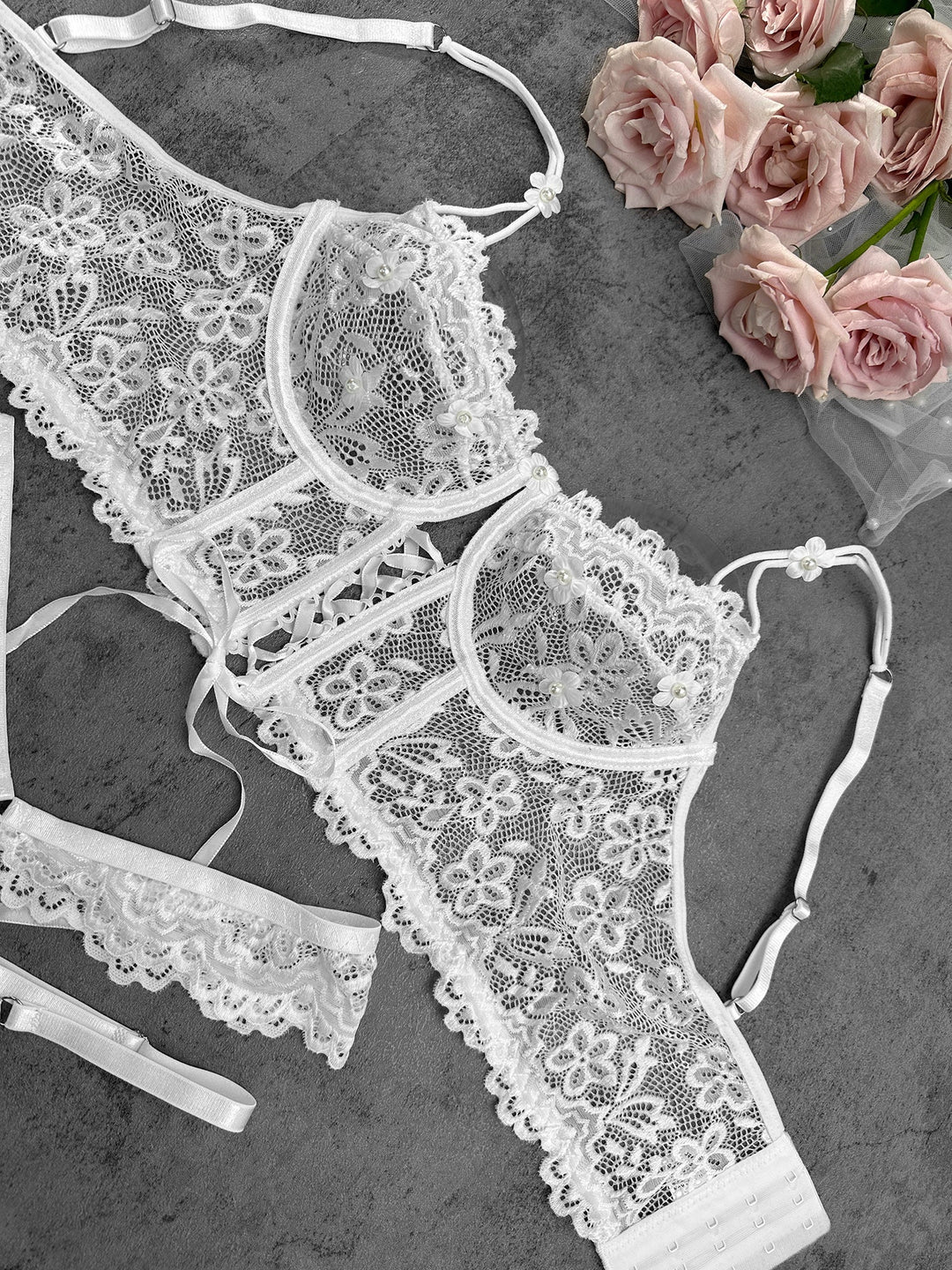 Meliora – White Lace Blossom Lingerie Set for Women